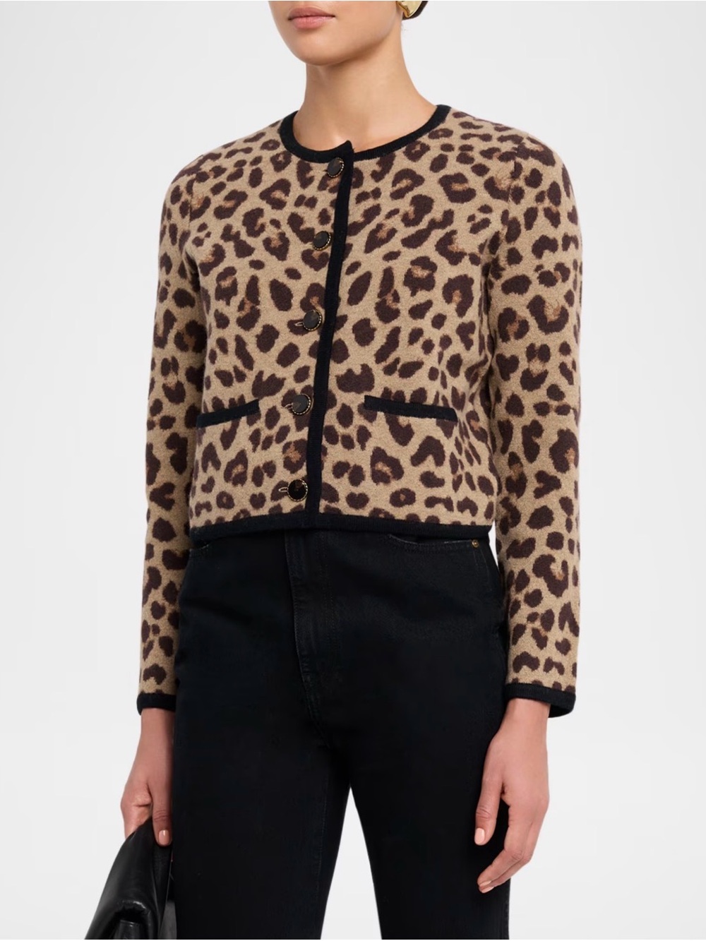 PAIGE Leopard-Print Cropped Cardigan in Beige, Brown & Black Trim